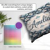 Custom Name Whimsical Cloud Pattern Dark Blue with Pastel Clouds Square Filled Cushion Throw Pillow Sofa Bed Home Decor Zip Washable UK Made