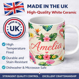 Personalized Custom Name Tropical Flamingo Bird with Exotic Flowers Leaves Pattern Cream 11oz Ceramic Coffee Tea Mug White Large Handle