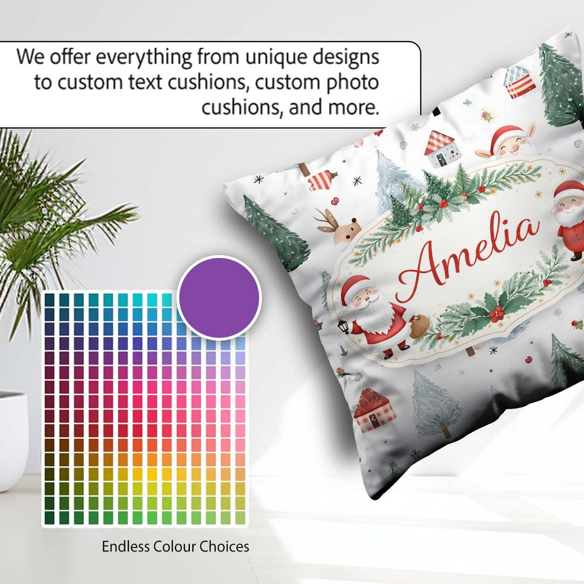 Custom Name Christmas Santa Reindeer Tree Pattern Kids Seamless Square Filled Cushion Throw Pillow Sofa Bed Home Decor Zip Washable UK Made