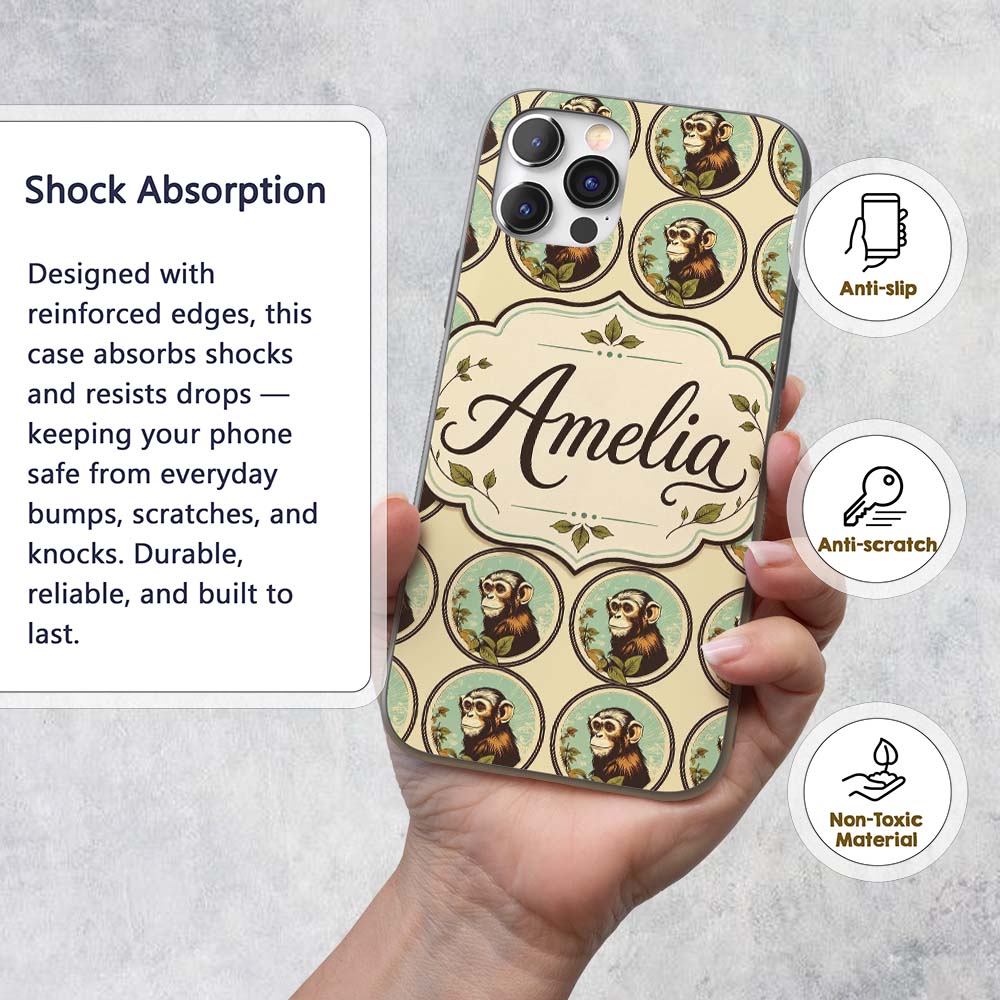 Vintage Monkey Portrait Circular FrameNeutral Custom Name Protective Phone Case Mobile Cover Durable Everyday Smartphone Shock Resistant