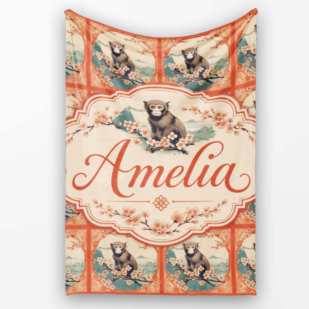 Oriental Style Monkey Blossom Frame Pattern Coral Background Lovely  Personalised Custom Name Super Soft Fleece Blanket Bed Sofa Throw