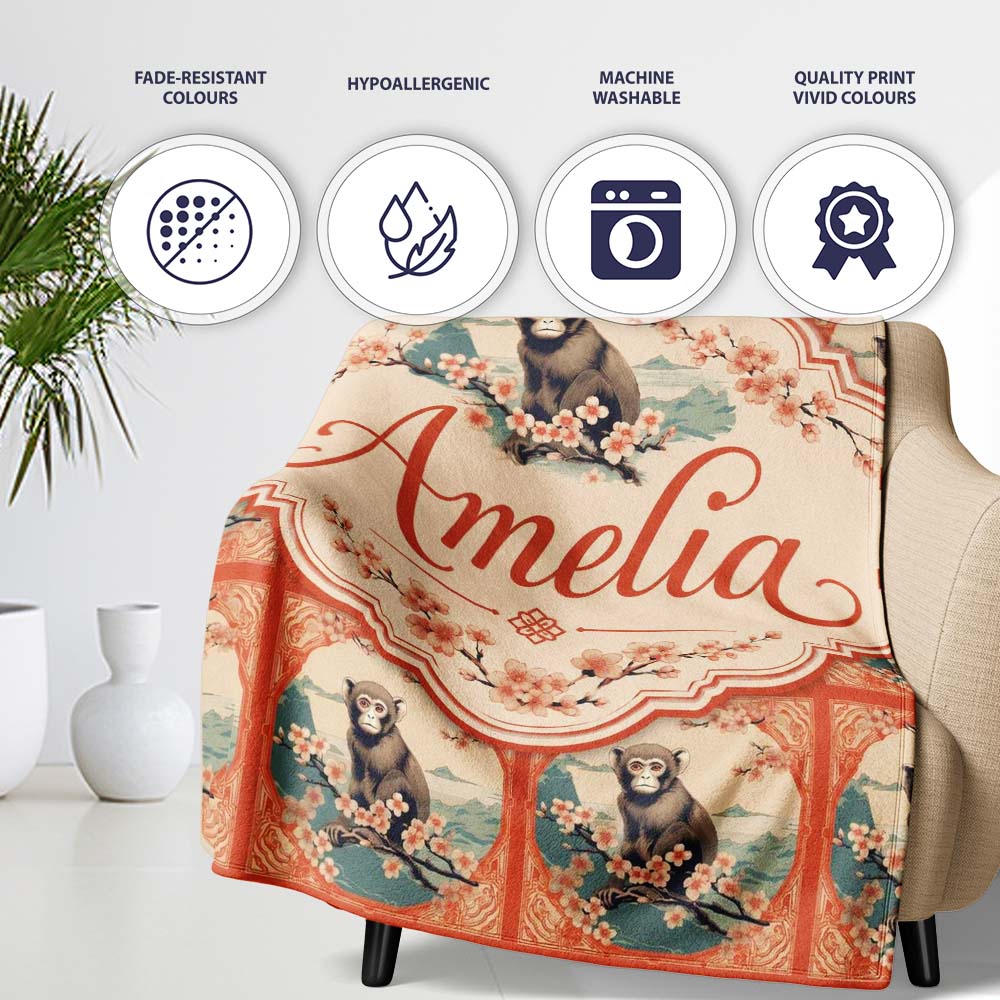 Oriental Style Monkey Blossom Frame Pattern Coral Background Lovely  Personalised Custom Name Super Soft Fleece Blanket Bed Sofa Throw