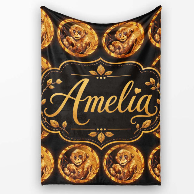 Gold Monkey Medallion Pattern Black Background Luxury Seamless  Personalised Custom Name Super Soft Fleece Blanket Bed Sofa Throw