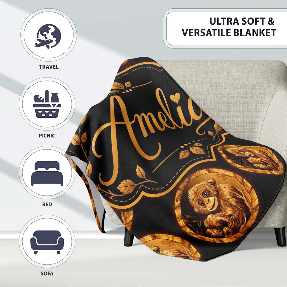 Gold Monkey Medallion Pattern Black Background Luxury Seamless  Personalised Custom Name Super Soft Fleece Blanket Bed Sofa Throw