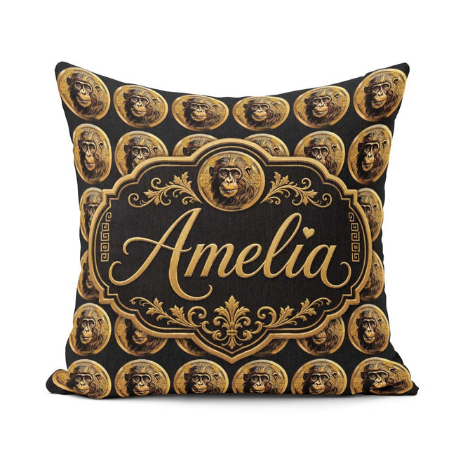 Custom Name Detailed Gold Monkey Coin Background Ornate Seamless Square Filled Cushion Throw Pillow Sofa Bed Home Decor Zip Washable UK Made