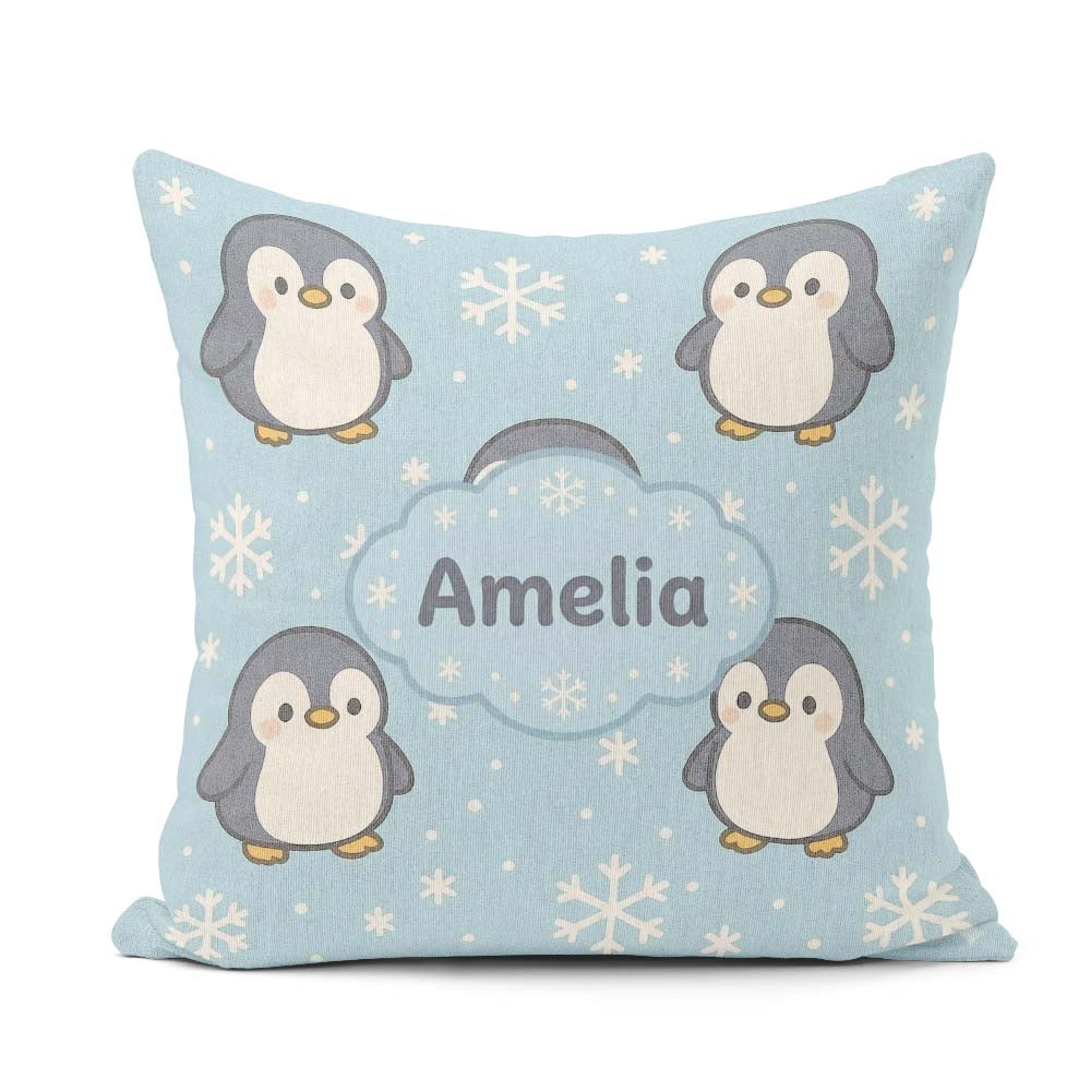 Custom Name Cute Winter Penguin Cartoon Animal Pattern for Her Square Filled Cushion Throw Pillow Sofa Bed Home Decor Zip Washable UK Made