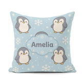 Custom Name Cute Winter Penguin Cartoon Animal Pattern for Her Square Filled Cushion Throw Pillow Sofa Bed Home Decor Zip Washable UK Made