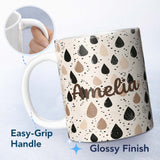 Personalized Custom Name Scattered Paint Droplets Black Beige Abstract Spot Pattern Lovely 11oz Ceramic Coffee Tea Mug White Large Handle