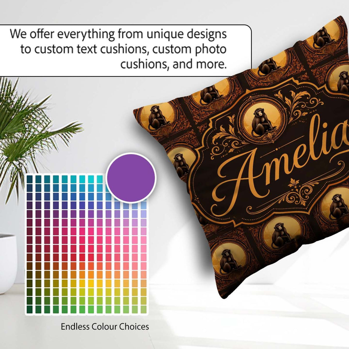 Custom Name Ornate Monkey Portrait Repeat in Warm Brown and Gold Square Filled Cushion Throw Pillow Sofa Bed Home Decor Zip Washable UK Made