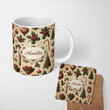 Personalized Custom Name Vintage Christmas Ornaments Candy Canes Holly Berries and Festive 11oz Ceramic Coffee Tea Mug White Large Handle