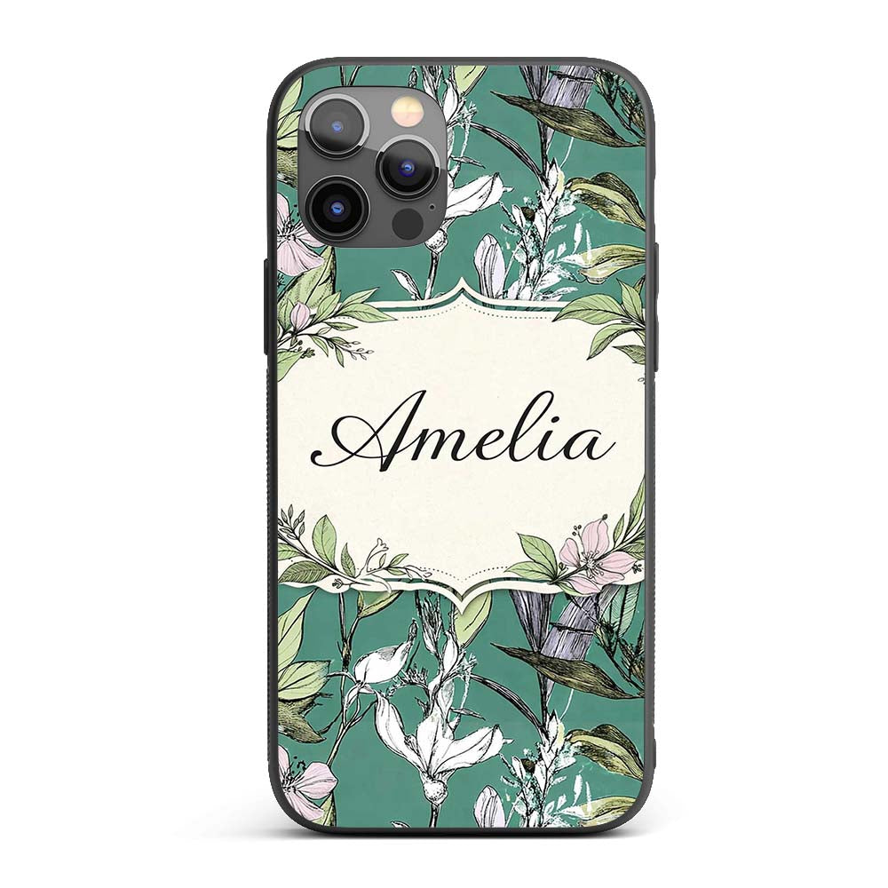 Vintage Botanical Floral Sketch Teal Background Custom Name Protective Phone Case Mobile Cover Durable Everyday Smartphone Shock Resistant