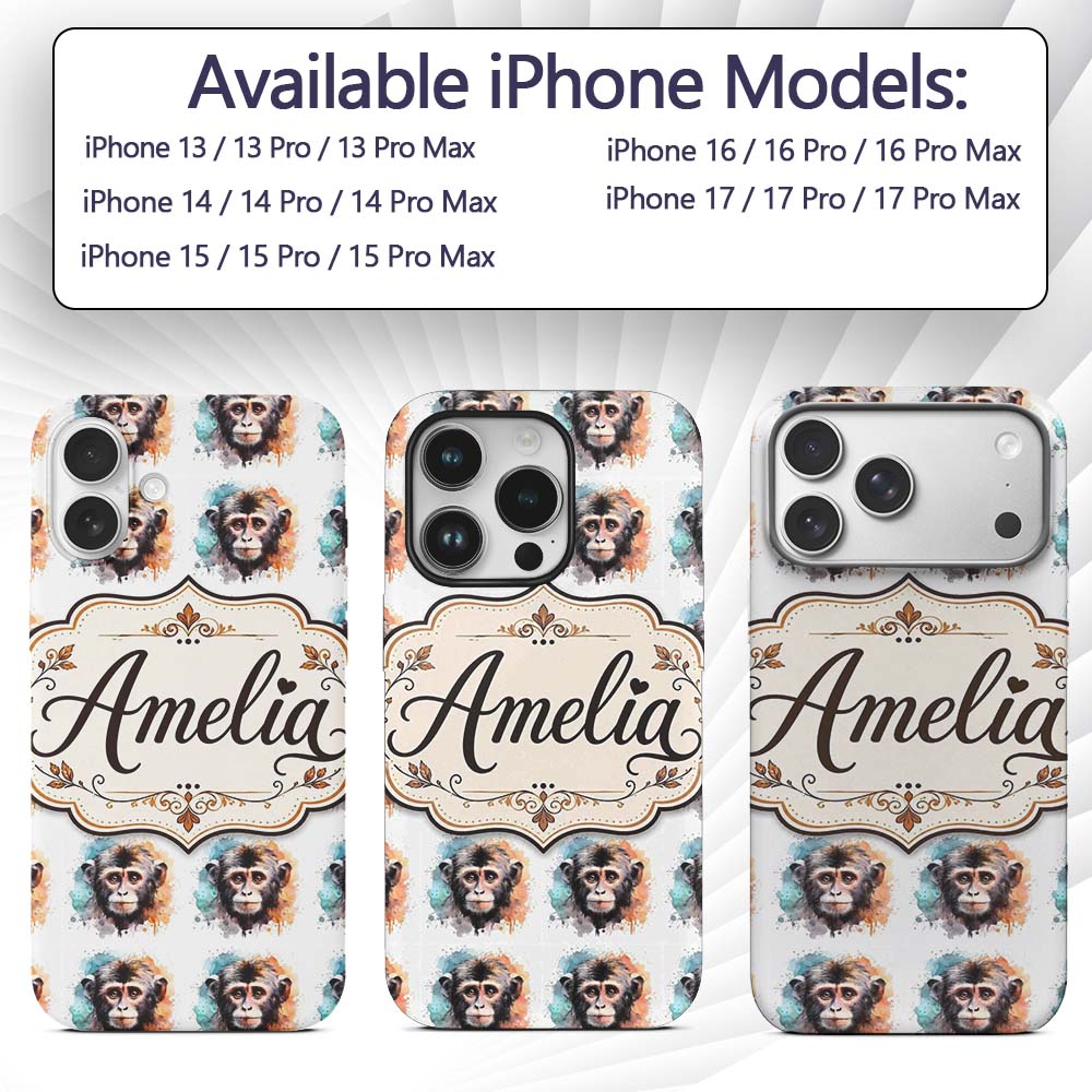 Watercolour Monkey Face Portrait with Soft Splash Custom Name Protective Phone Case Mobile Cover Durable Everyday Smartphone Shock Resistant