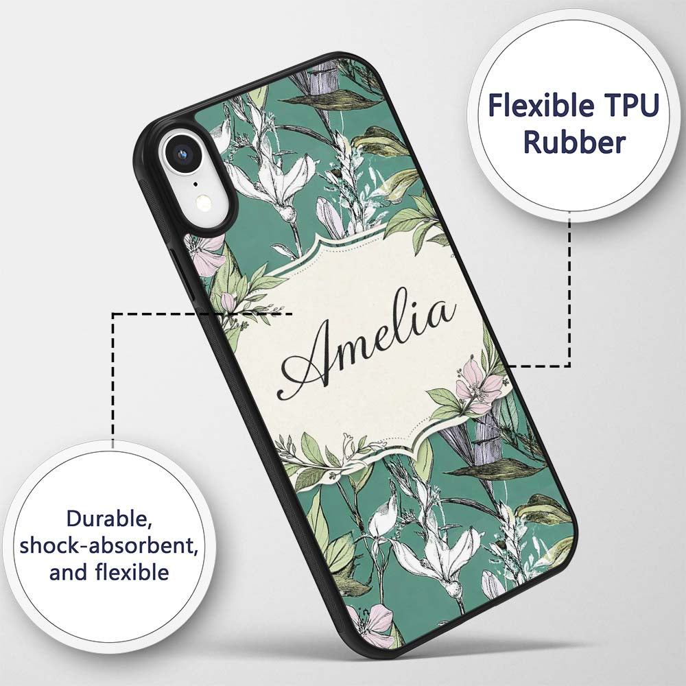 Vintage Botanical Floral Sketch Teal Background Custom Name Protective Phone Case Mobile Cover Durable Everyday Smartphone Shock Resistant