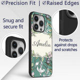 Vintage Botanical Floral Sketch Teal Background Custom Name Protective Phone Case Mobile Cover Durable Everyday Smartphone Shock Resistant
