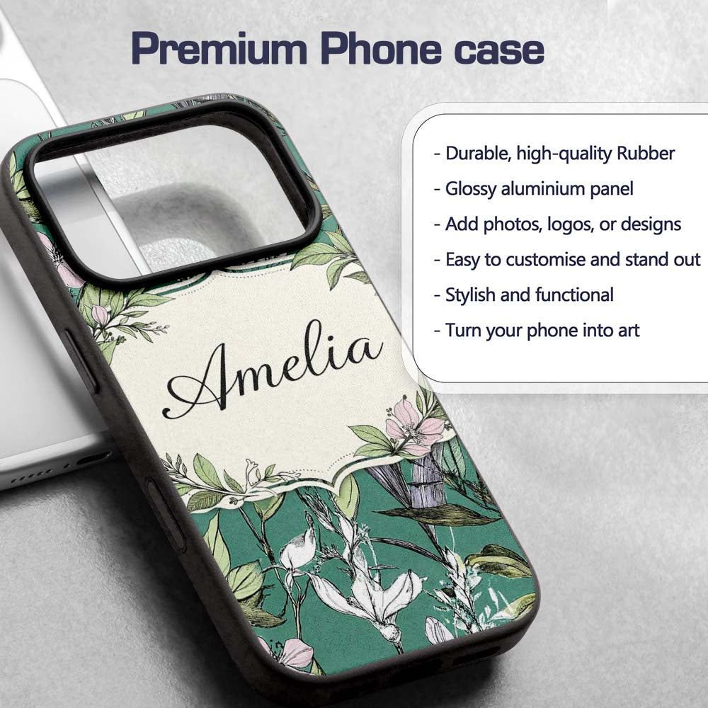 Vintage Botanical Floral Sketch Teal Background Custom Name Protective Phone Case Mobile Cover Durable Everyday Smartphone Shock Resistant