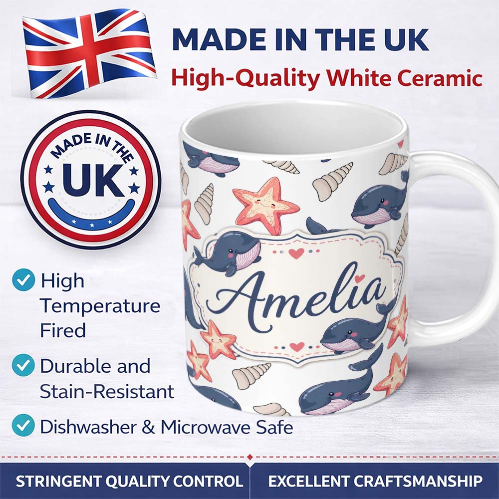Personalized Custom Name Cute Cartoon Whales Starfish and Seashells Seamless Pattern Lovely 11oz Ceramic Coffee Tea Mug White Large Handle