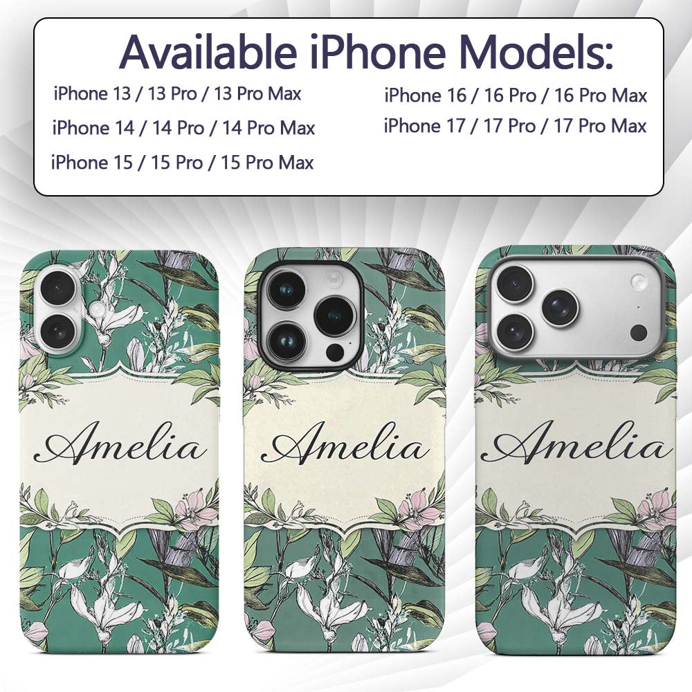 Vintage Botanical Floral Sketch Teal Background Custom Name Protective Phone Case Mobile Cover Durable Everyday Smartphone Shock Resistant