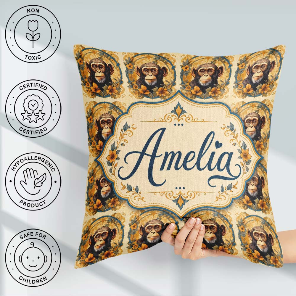 Custom Name Floral Monkey Portrait with Botanical Wreath in Soft Square Filled Cushion Throw Pillow Sofa Bed Home Decor Zip Washable UK Made