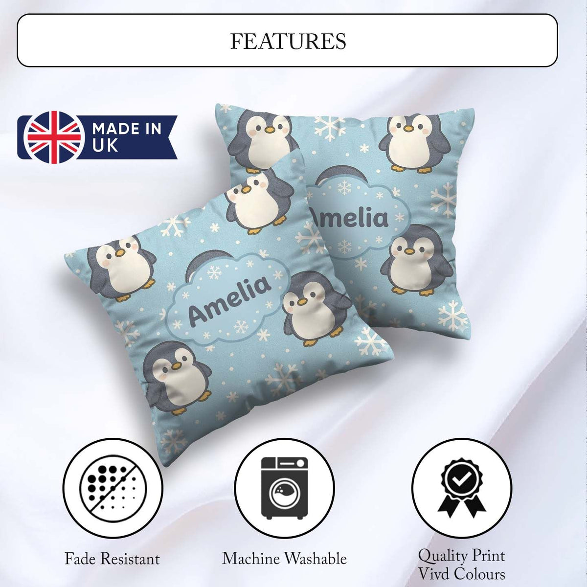 Custom Name Cute Winter Penguin Cartoon Animal Pattern for Her Square Filled Cushion Throw Pillow Sofa Bed Home Decor Zip Washable UK Made
