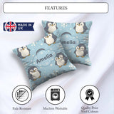 Custom Name Cute Winter Penguin Cartoon Animal Pattern for Her Square Filled Cushion Throw Pillow Sofa Bed Home Decor Zip Washable UK Made