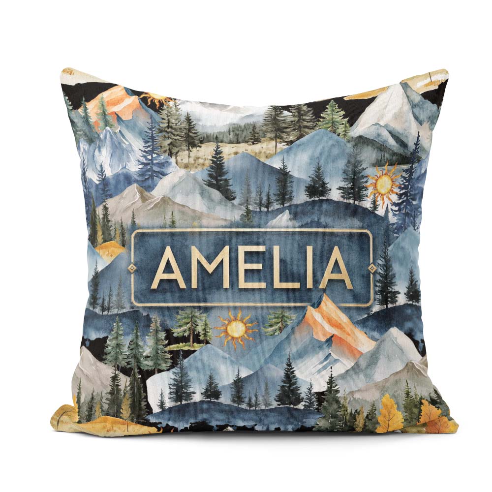 Custom Name Mountain Landscape with Pine Trees and Sun Artistic Square Filled Cushion Throw Pillow Sofa Bed Home Decor Zip Washable UK Made