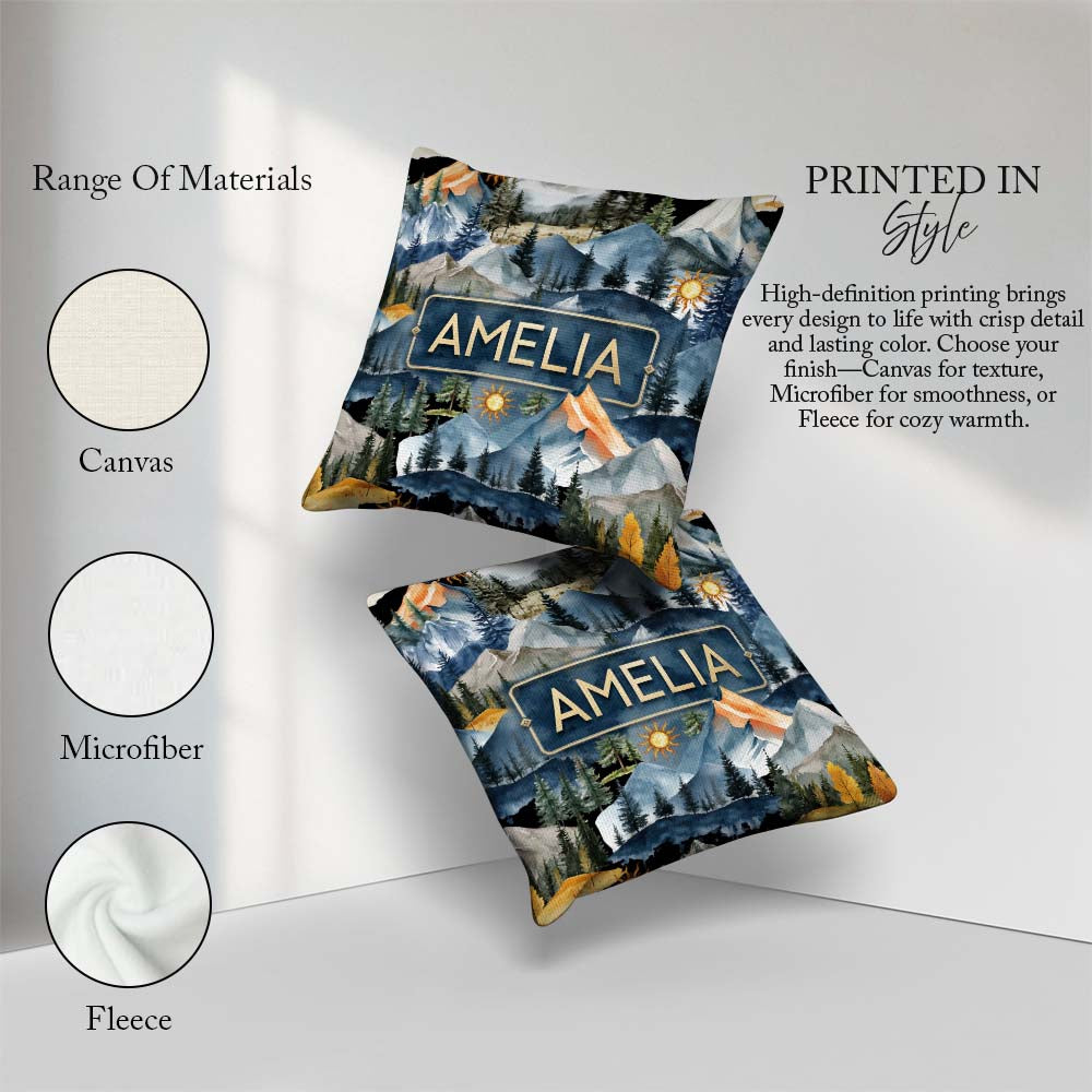 Custom Name Mountain Landscape with Pine Trees and Sun Artistic Square Filled Cushion Throw Pillow Sofa Bed Home Decor Zip Washable UK Made