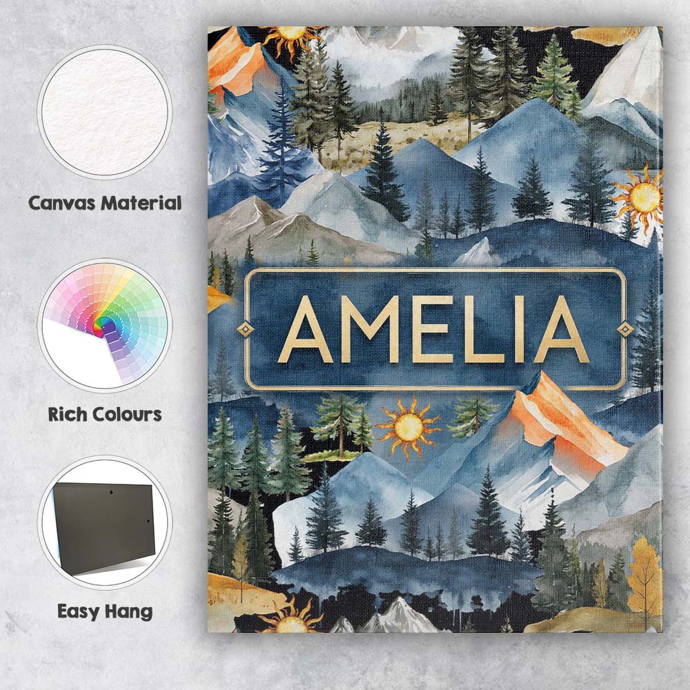 Personalised Name Watercolour Mountain Custom  Modern Room Accent Elegant Feature Canvas Wall Art Print Decor Picture Ready to Hang