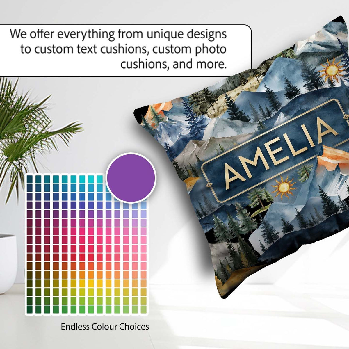 Custom Name Mountain Landscape with Pine Trees and Sun Artistic Square Filled Cushion Throw Pillow Sofa Bed Home Decor Zip Washable UK Made