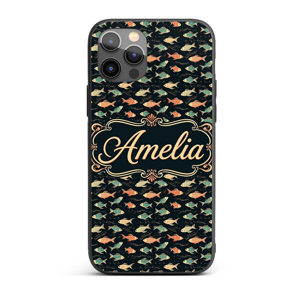Dark Ocean Fish Pattern with Botanical Seaweed Custom Name Protective Phone Case Mobile Cover Durable Everyday Smartphone Shock Resistant