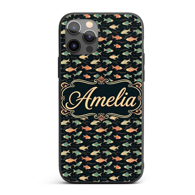 Dark Ocean Fish Pattern with Botanical Seaweed Custom Name Protective Phone Case Mobile Cover Durable Everyday Smartphone Shock Resistant