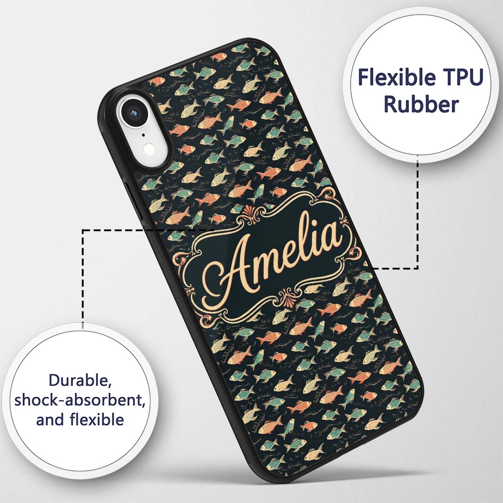 Dark Ocean Fish Pattern with Botanical Seaweed Custom Name Protective Phone Case Mobile Cover Durable Everyday Smartphone Shock Resistant