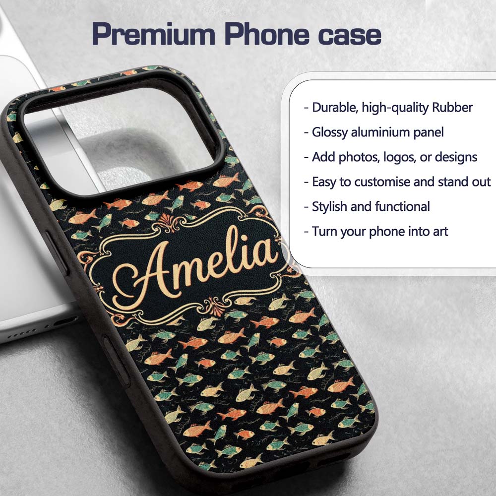 Dark Ocean Fish Pattern with Botanical Seaweed Custom Name Protective Phone Case Mobile Cover Durable Everyday Smartphone Shock Resistant