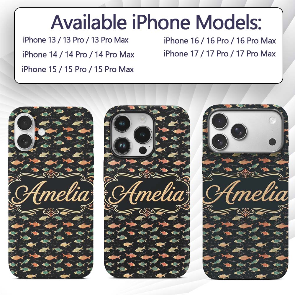 Dark Ocean Fish Pattern with Botanical Seaweed Custom Name Protective Phone Case Mobile Cover Durable Everyday Smartphone Shock Resistant