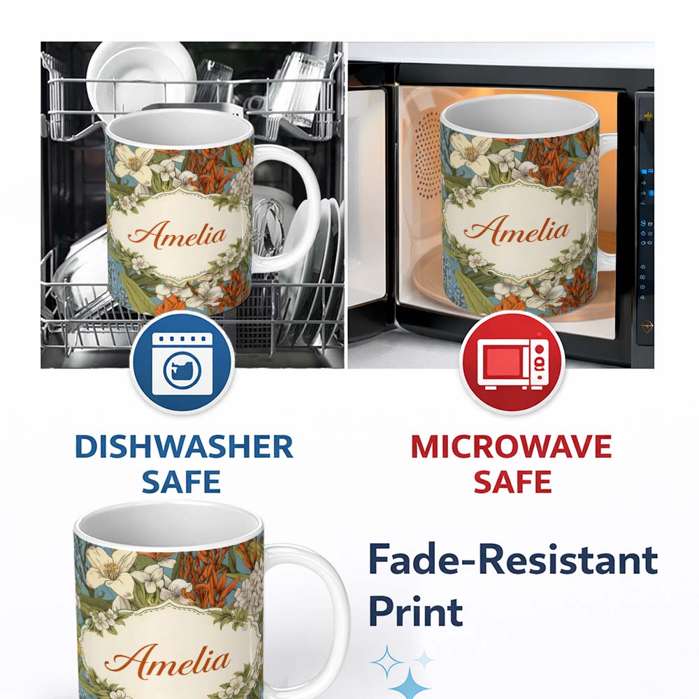 Personalized Custom Name Botanical Floral Illustration Blue Background Seamless Lovely 11oz Ceramic Coffee Tea Mug White Large Handle