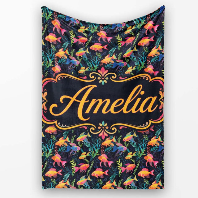 Stylised Ocean Fish Pattern with Elegant Botanical Elements on Black  Personalised Custom Name Super Soft Fleece Blanket Bed Sofa Throw