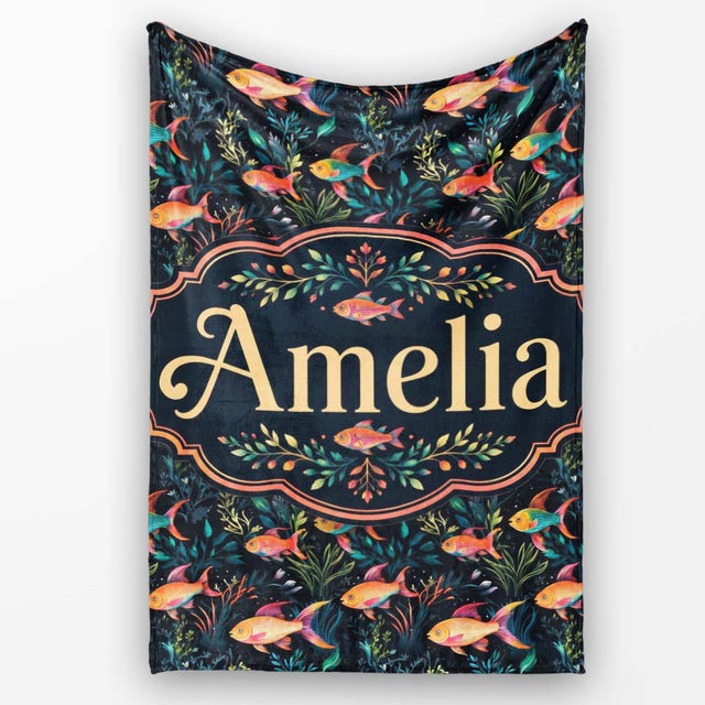 Vibrant Coral Reef Fish Pattern with Detailed Marine Plants on Navy  Personalised Custom Name Super Soft Fleece Blanket Bed Sofa Throw