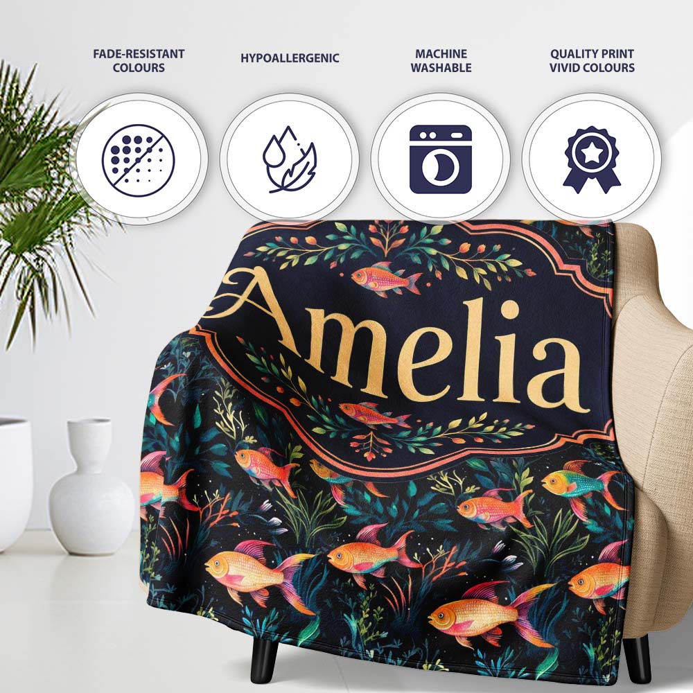 Vibrant Coral Reef Fish Pattern with Detailed Marine Plants on Navy  Personalised Custom Name Super Soft Fleece Blanket Bed Sofa Throw