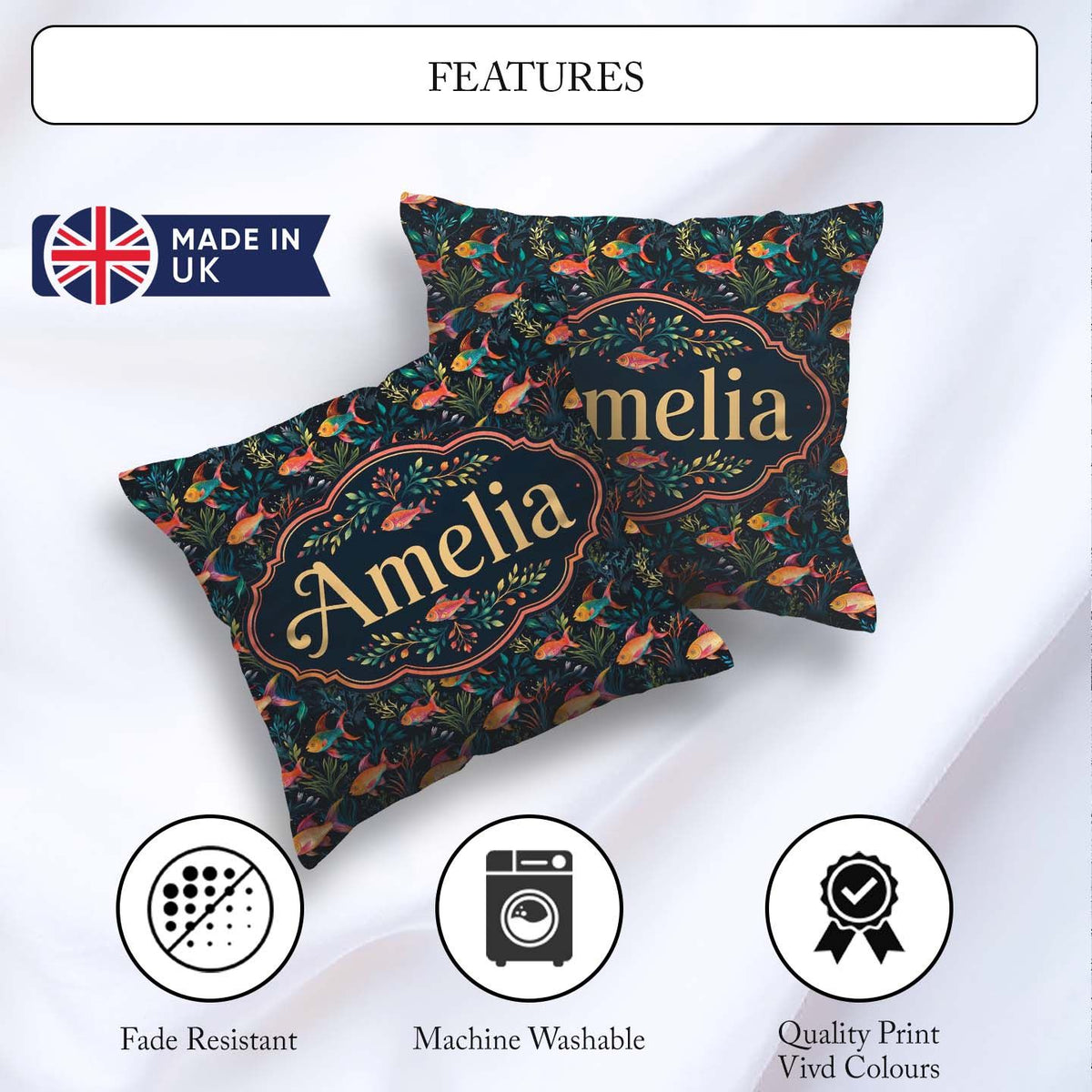 Custom Name Vibrant Coral Reef Fish with Detailed Marine on Navy Square Filled Cushion Throw Pillow Sofa Bed Home Decor Zip Washable UK Made