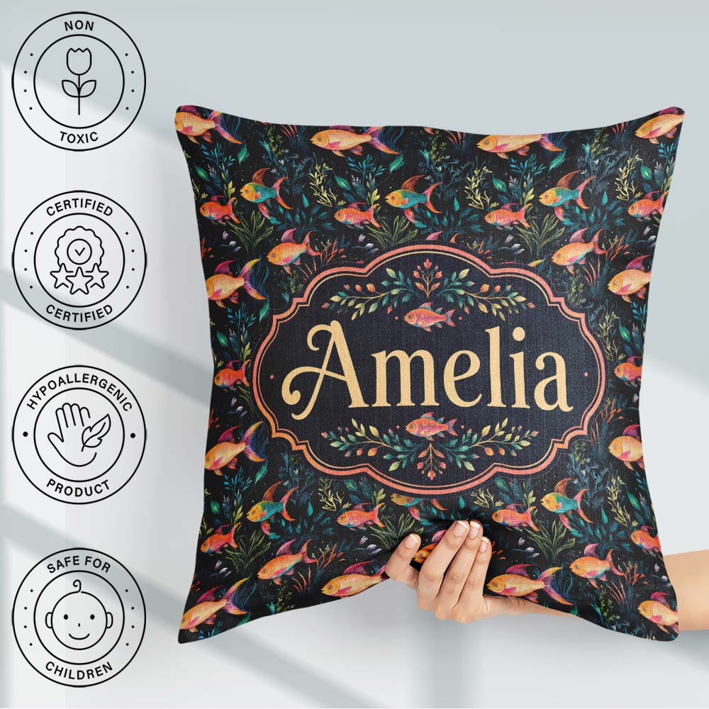 Custom Name Vibrant Coral Reef Fish with Detailed Marine on Navy Square Filled Cushion Throw Pillow Sofa Bed Home Decor Zip Washable UK Made