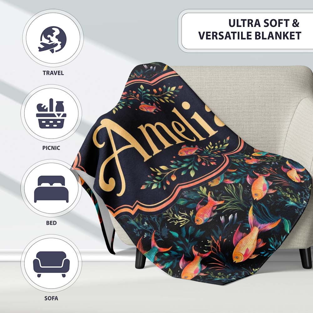 Vibrant Coral Reef Fish Pattern with Detailed Marine Plants on Navy  Personalised Custom Name Super Soft Fleece Blanket Bed Sofa Throw