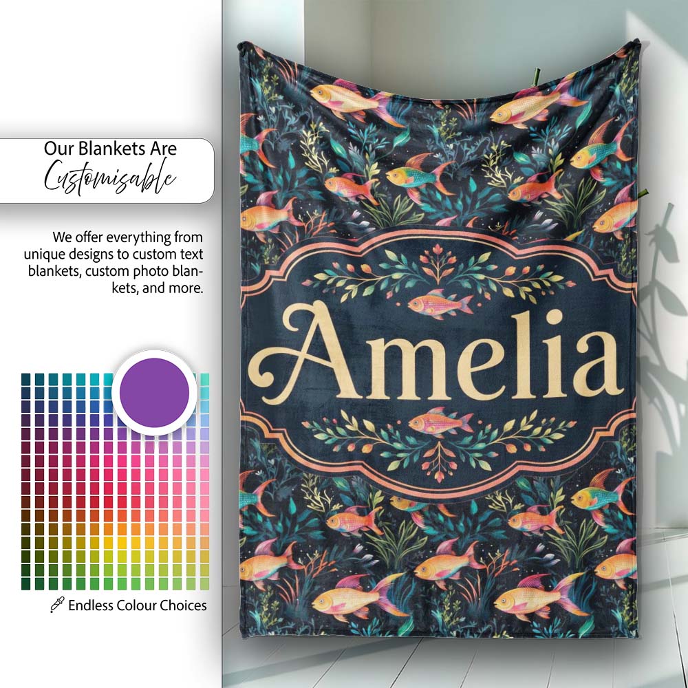 Vibrant Coral Reef Fish Pattern with Detailed Marine Plants on Navy  Personalised Custom Name Super Soft Fleece Blanket Bed Sofa Throw