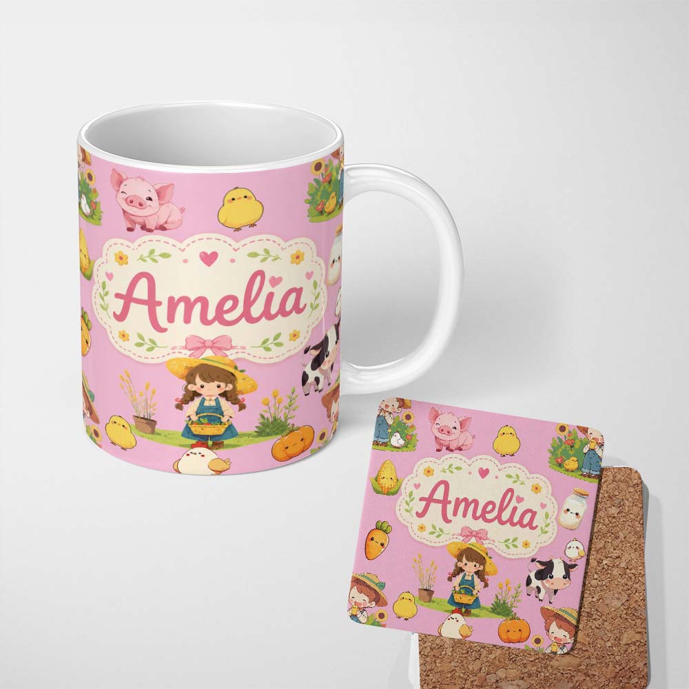 Personalized Custom Name Cute Farm Girl Animals Harvest Seamless Pattern Pink Background 11oz Ceramic Coffee Tea Mug White Large Handle