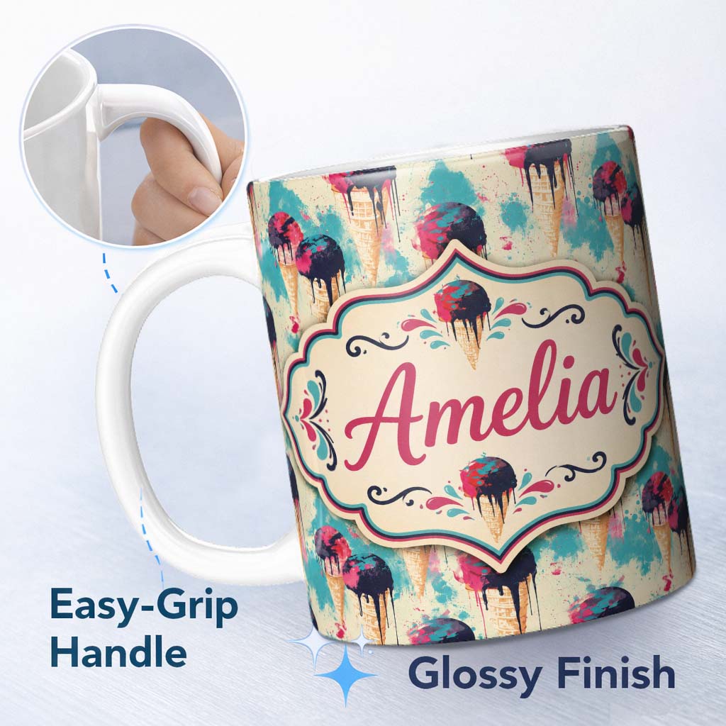 Personalized Custom Name Retro Multi Flavour Ice Cream Cones Tossed Pattern on Soft Green 11oz Ceramic Coffee Tea Mug White Large Handle
