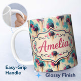 Personalized Custom Name Retro Multi Flavour Ice Cream Cones Tossed Pattern on Soft Green 11oz Ceramic Coffee Tea Mug White Large Handle