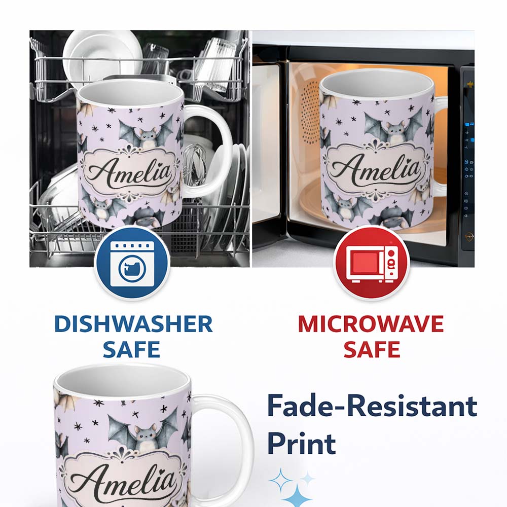 Personalized Custom Name Cute Watercolor Bats and Stars Seamless Pattern Pastel Lilac Lovely 11oz Ceramic Coffee Tea Mug White Large Handle