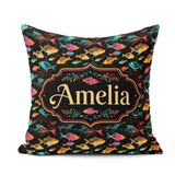 Custom Name Bright Neon Tropical Fish Swim Pattern on Dark Ocean Square Filled Cushion Throw Pillow Sofa Bed Home Decor Zip Washable UK Made