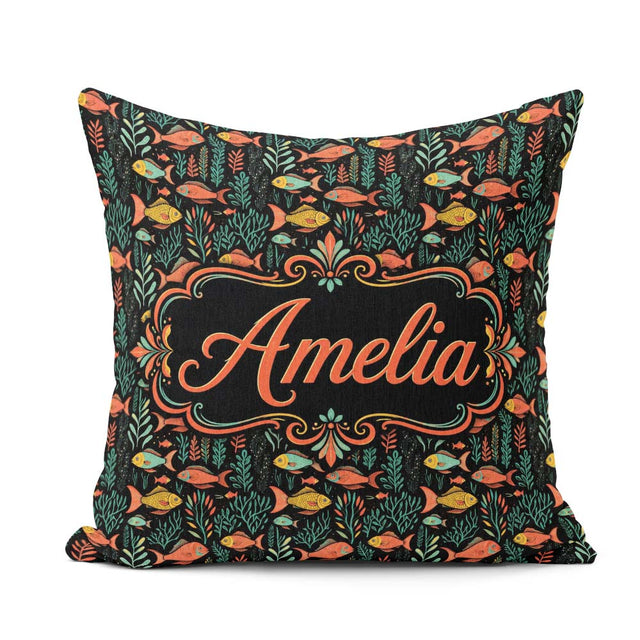 Custom Name Elegant Flowing with Ornate Fins on Black Background Square Filled Cushion Throw Pillow Sofa Bed Home Decor Zip Washable UK Made