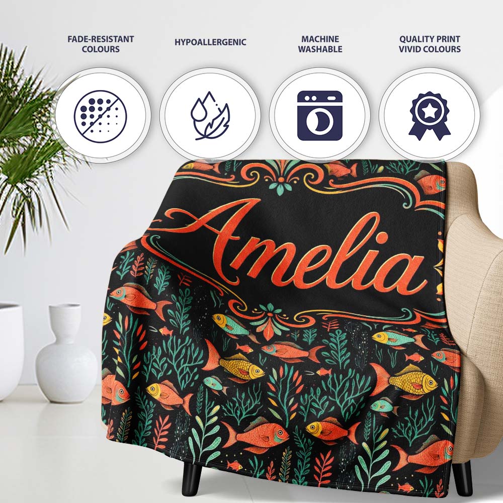 Elegant Flowing Goldfish with Ornate Fins on Black Background Lovely  Personalised Custom Name Super Soft Fleece Blanket Bed Sofa Throw