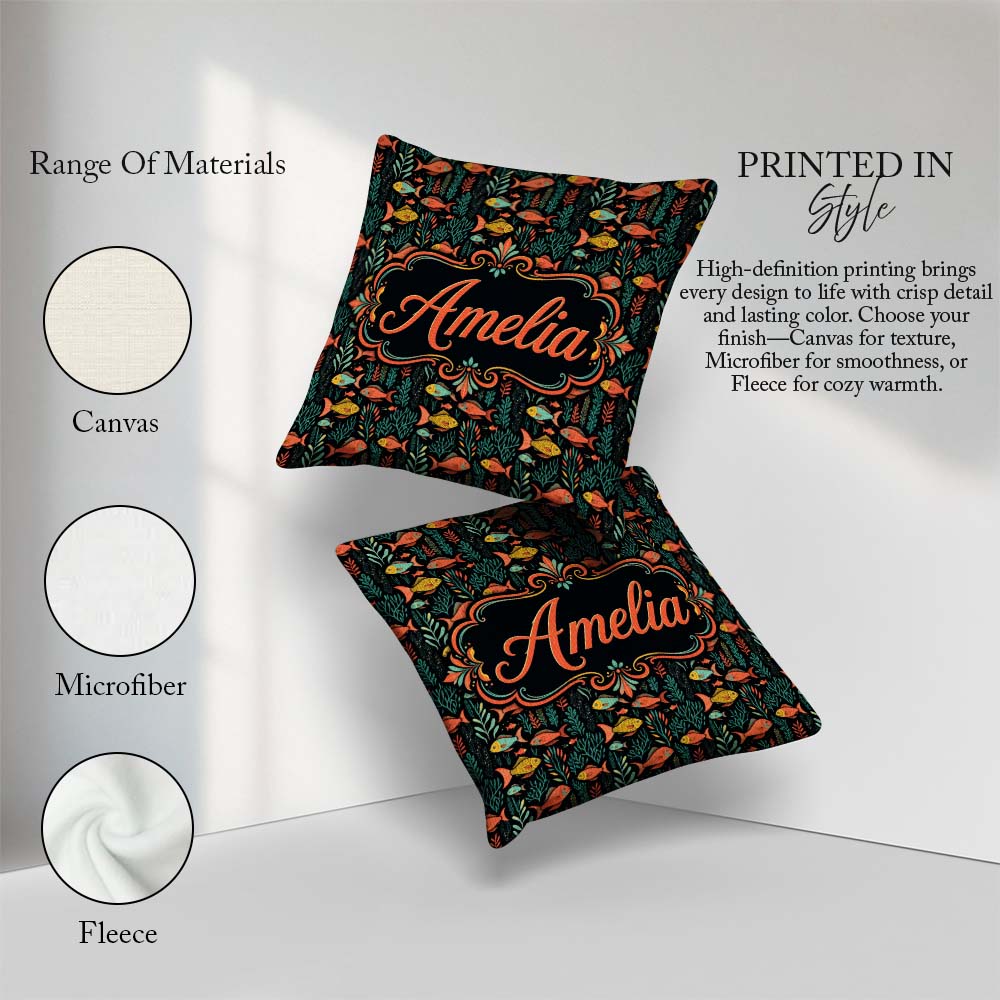 Custom Name Elegant Flowing with Ornate Fins on Black Background Square Filled Cushion Throw Pillow Sofa Bed Home Decor Zip Washable UK Made