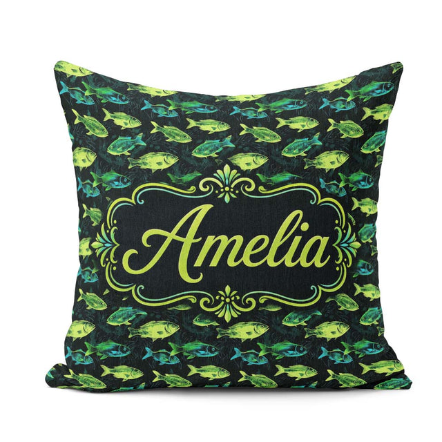 Custom Name Colourful Fish with Flowing Fins on Black Background Square Filled Cushion Throw Pillow Sofa Bed Home Decor Zip Washable UK Made